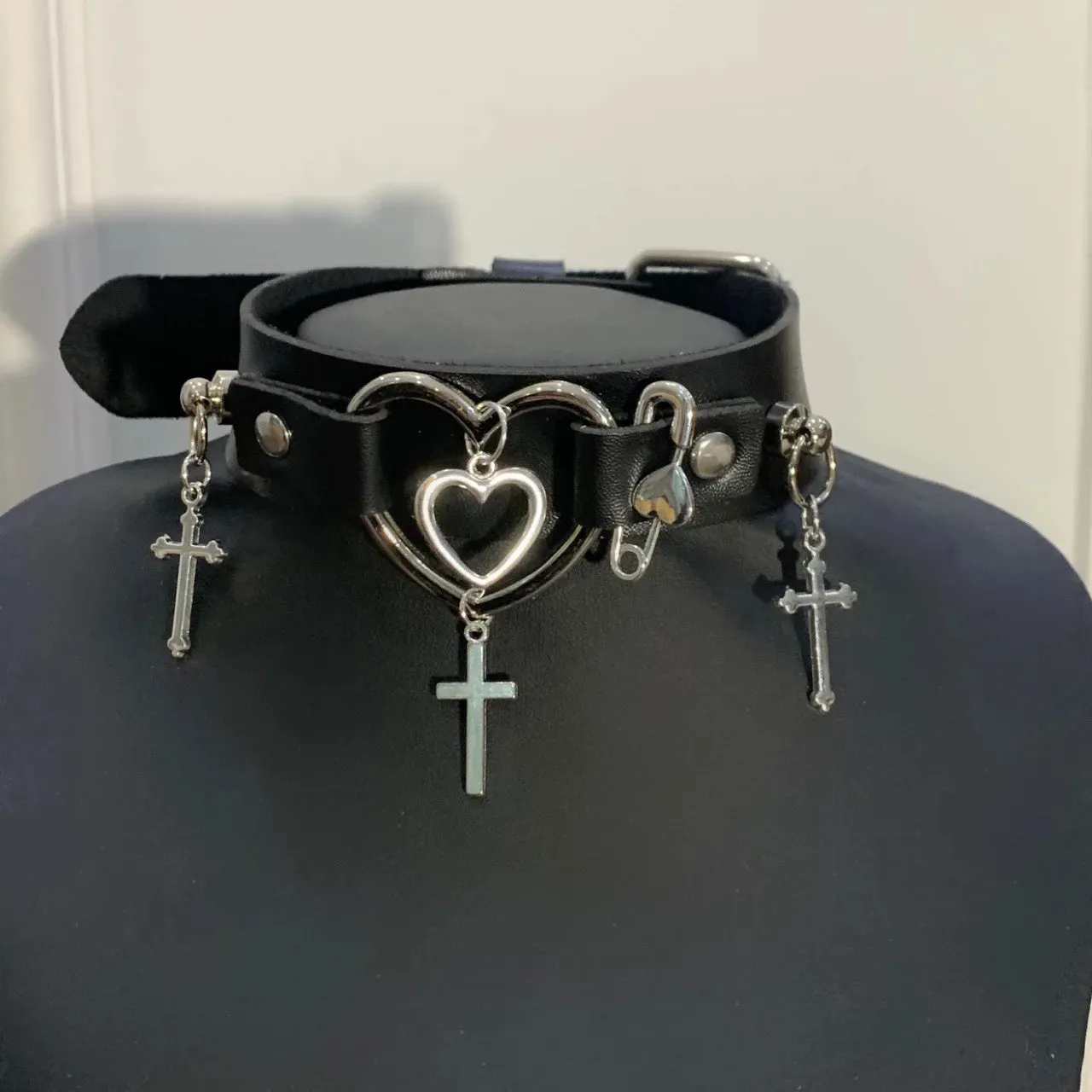 Grunge Goth PU Leather Heart Cross Choker