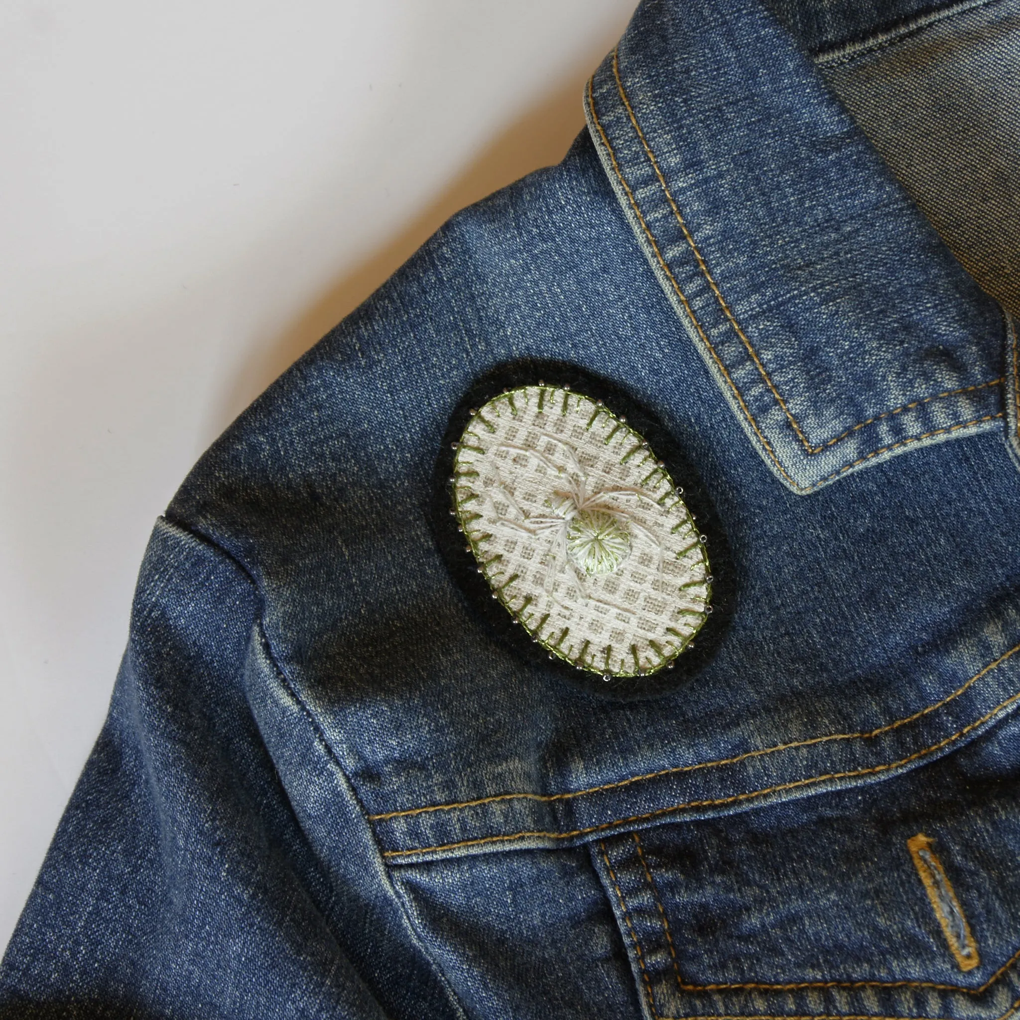 Hand Embroidered Lucky White Spider Arachnida Brooch