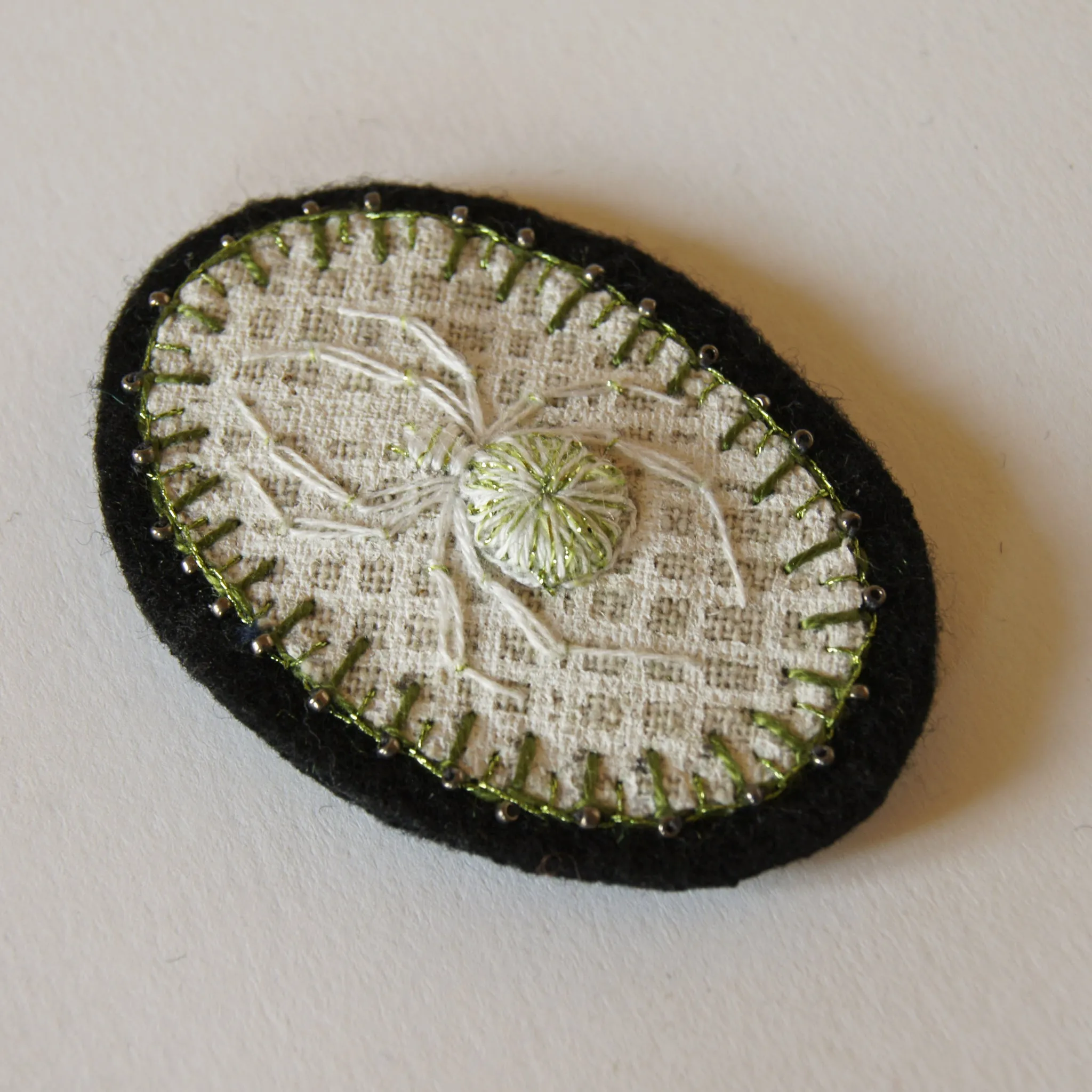 Hand Embroidered Lucky White Spider Arachnida Brooch