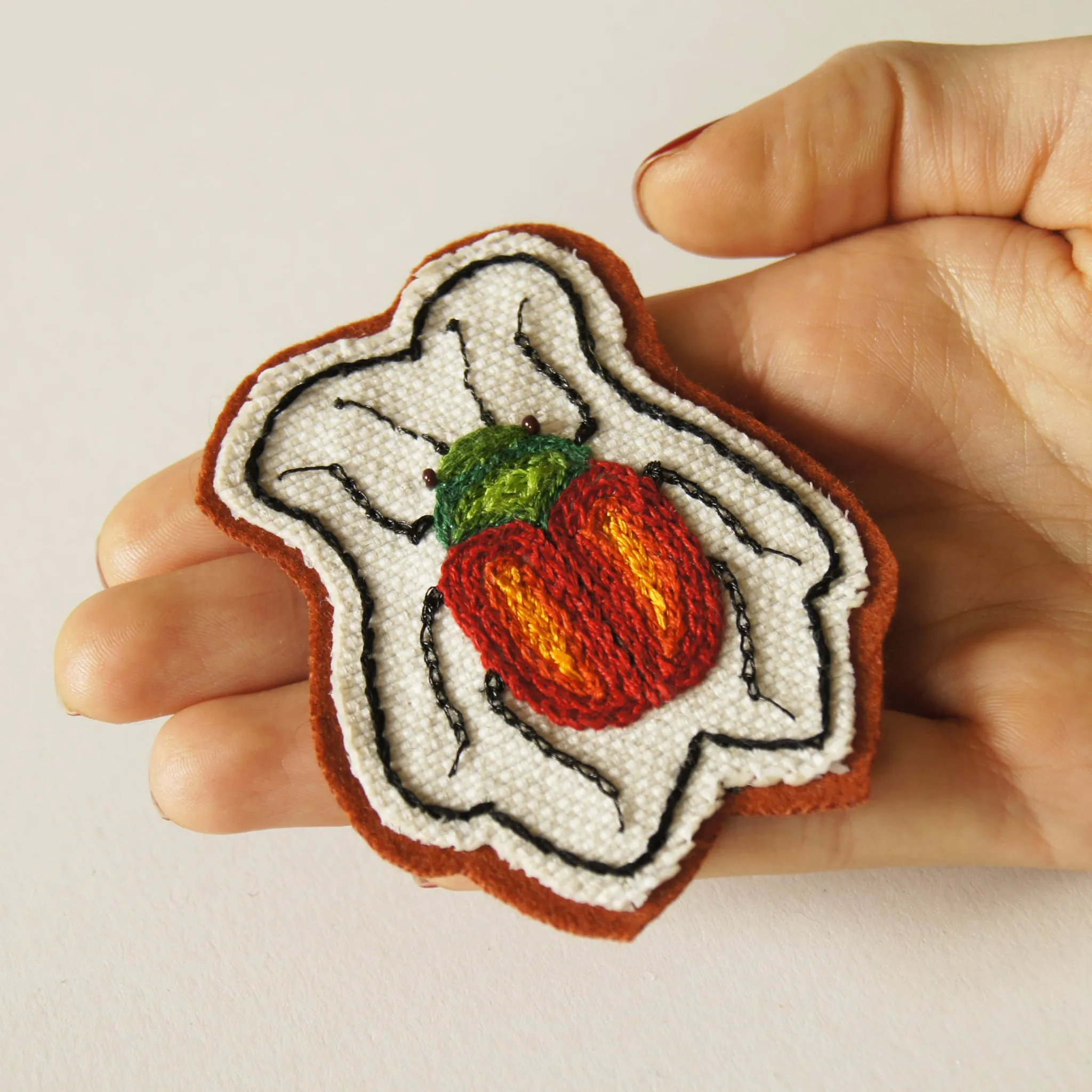 Hand Embroidered Sew On Patch Red Leaf Beetle Chrysomelidae Entomology