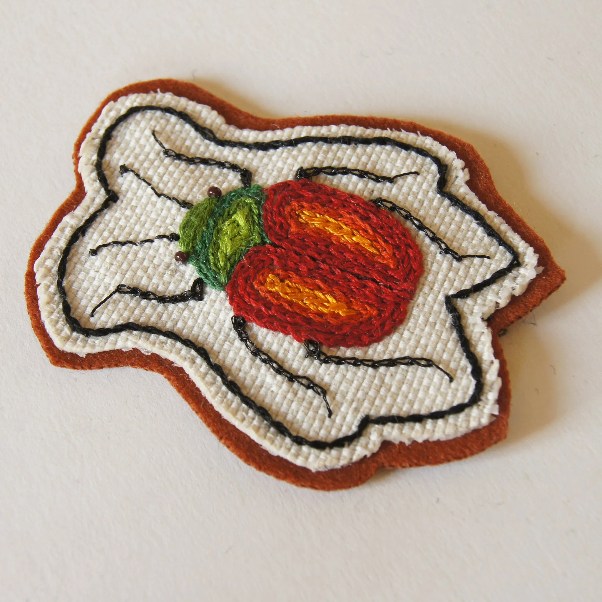 Hand Embroidered Sew On Patch Red Leaf Beetle Chrysomelidae Entomology