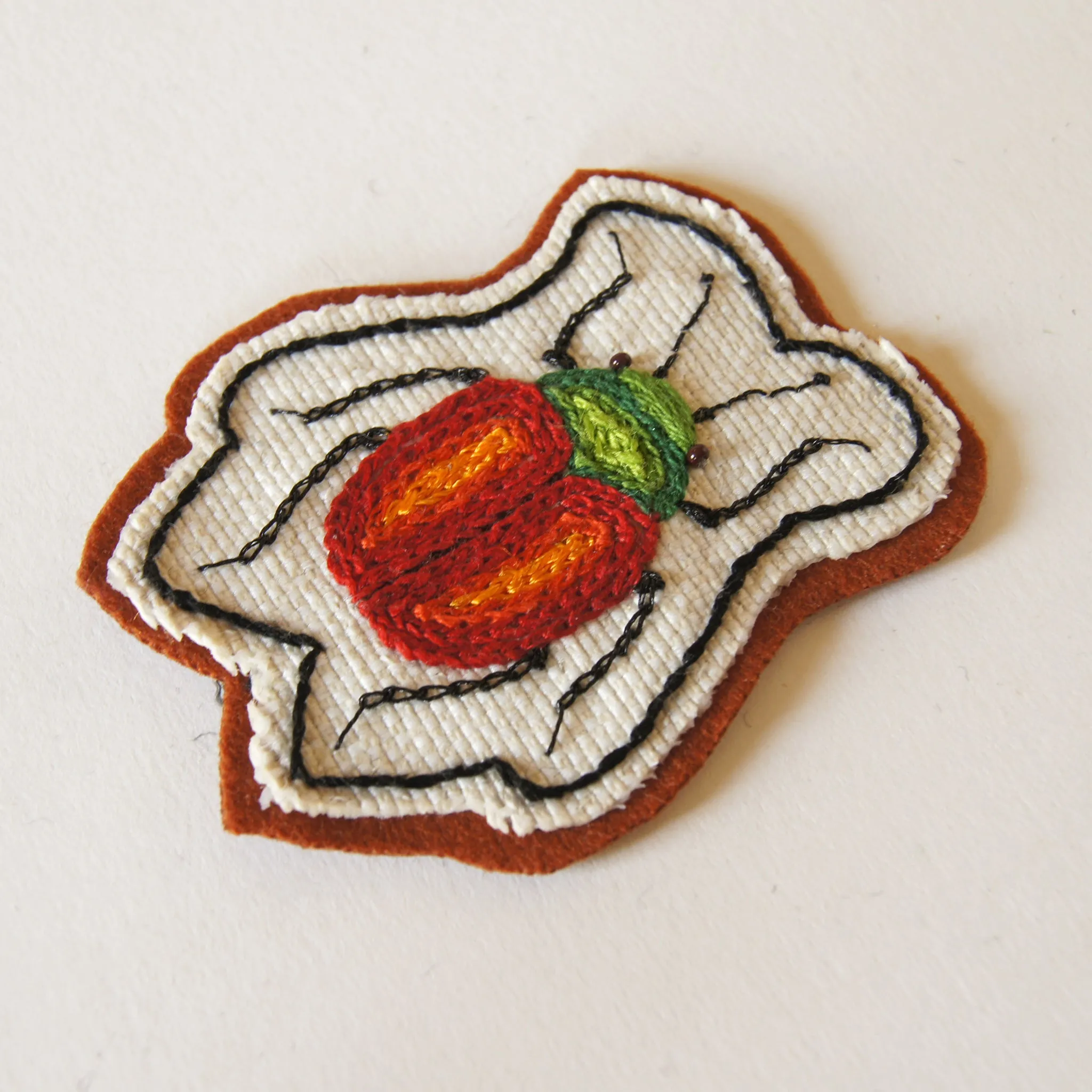 Hand Embroidered Sew On Patch Red Leaf Beetle Chrysomelidae Entomology