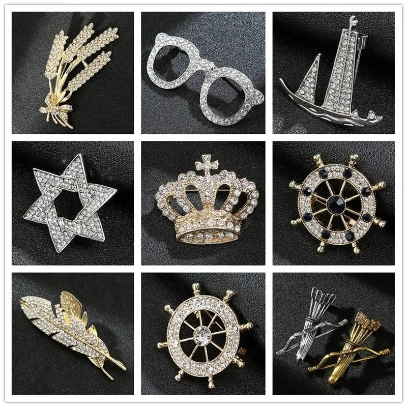 Hip-Hop Shiny Pin Printing Leaf Crown Alloy Hollow Out Inlay Rhinestones Unisex Brooches