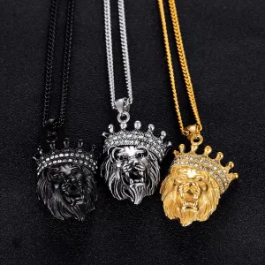 Hip Hop Trendy Diamond Necklace Crown Lion Head Pendant