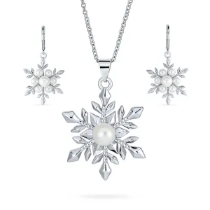 Holiday Party Pendant Necklace & Pearl Snowflake Earrings Jewelry Set Silver Plated