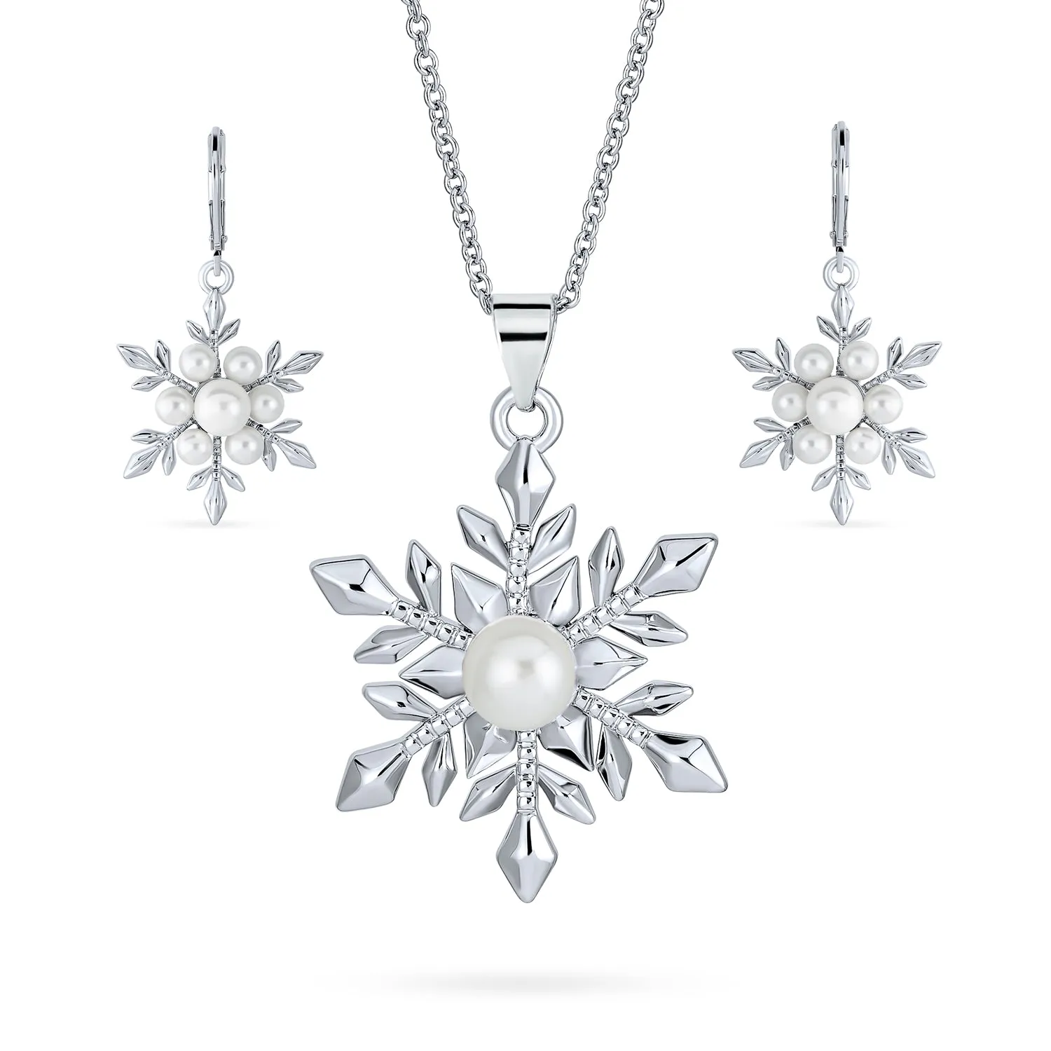 Holiday Party Pendant Necklace & Pearl Snowflake Earrings Jewelry Set Silver Plated