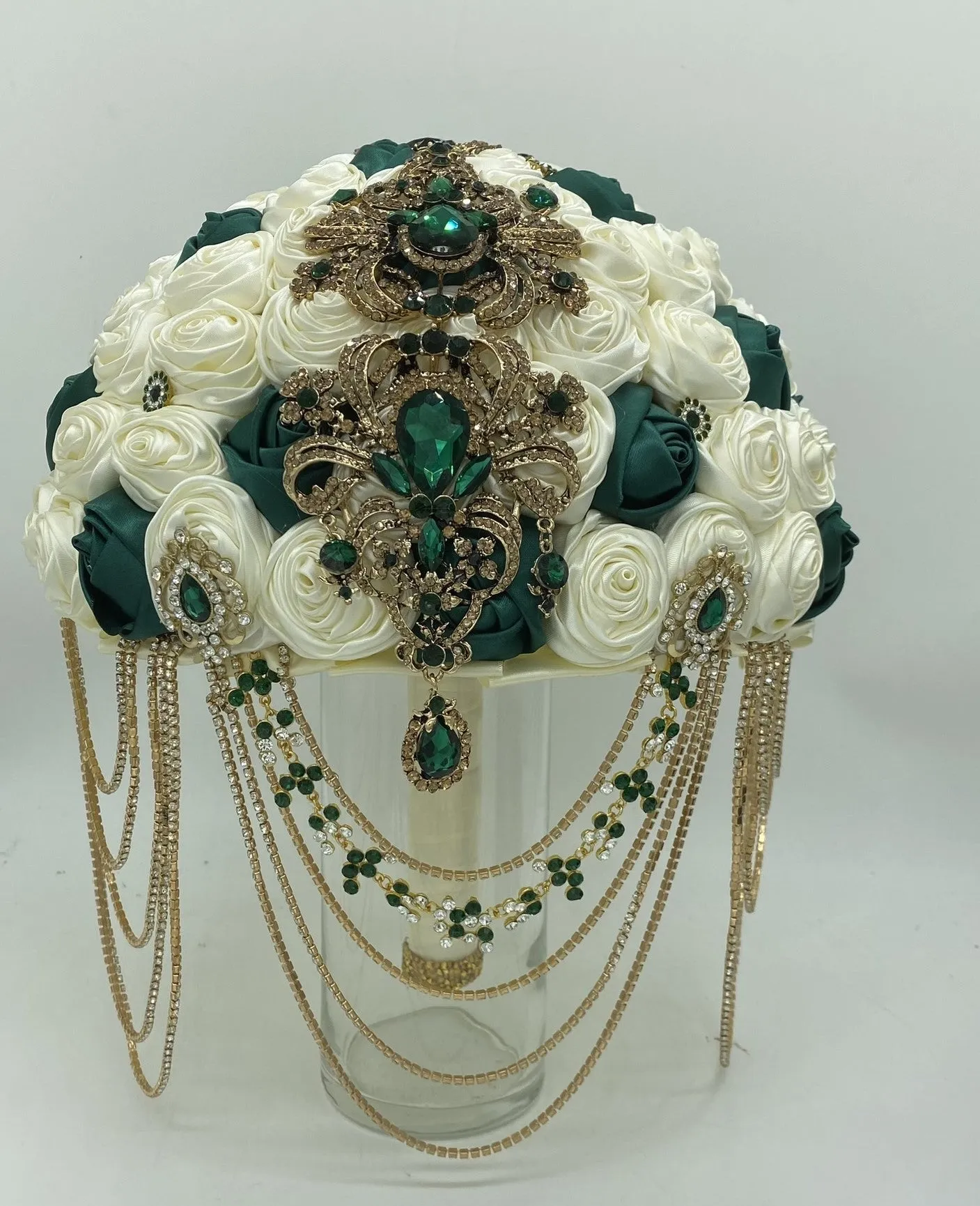 Ivory Emerald Green Round Bouquet l Waterfall bouquet l  Satin Roses Brooch Bouquet BOU-038