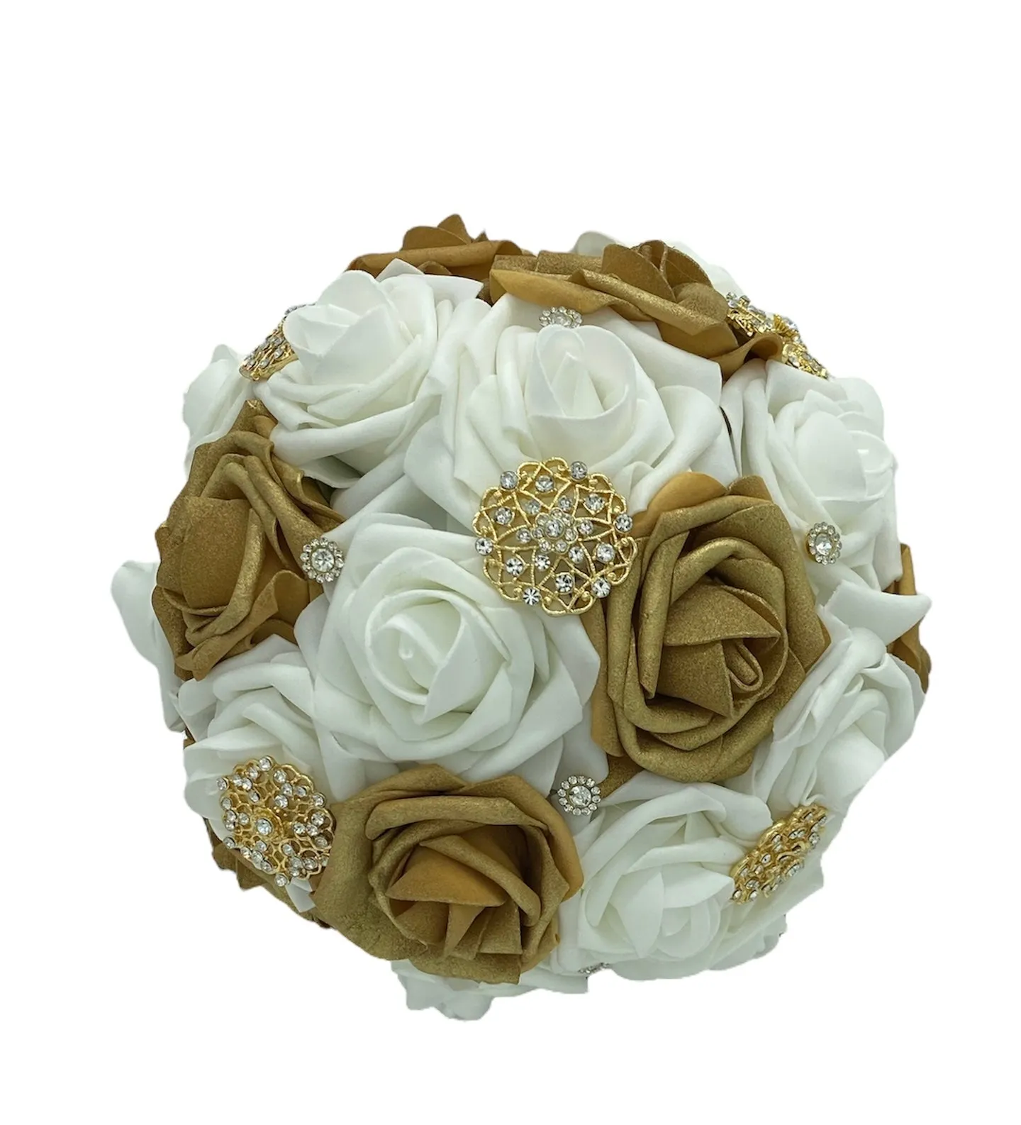 Ivory Emerald Green Round Bouquet l Waterfall bouquet l  Satin Roses Brooch Bouquet BOU-038