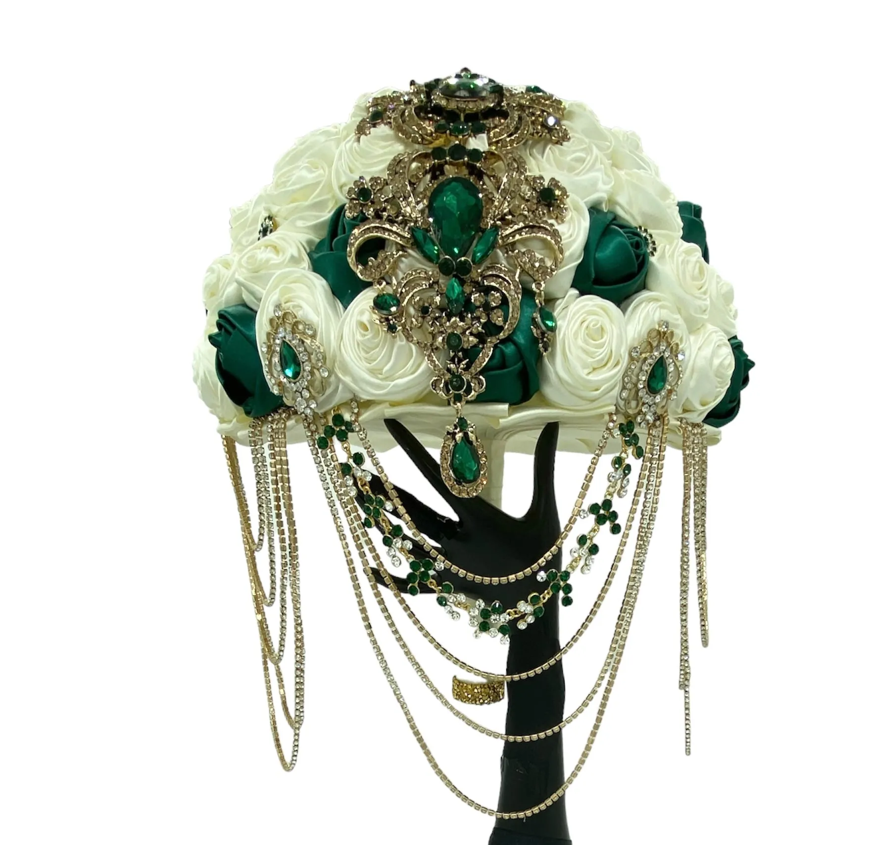 Ivory Emerald Green Round Bouquet l Waterfall bouquet l  Satin Roses Brooch Bouquet BOU-038