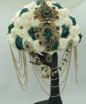 Ivory Emerald Green Round Bouquet l Waterfall bouquet l  Satin Roses Brooch Bouquet BOU-038