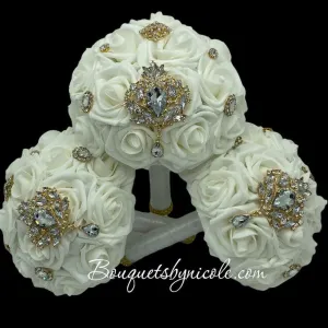 Ivory l Gold Round Bouquet l Waterfall bouquet l Real Touch Roses Brooch Bouquet BOU-036