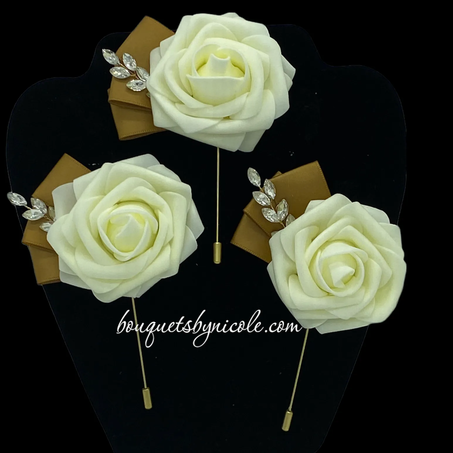 Ivory l Gold Round Bouquet l Waterfall bouquet l Real Touch Roses Brooch Bouquet BOU-036