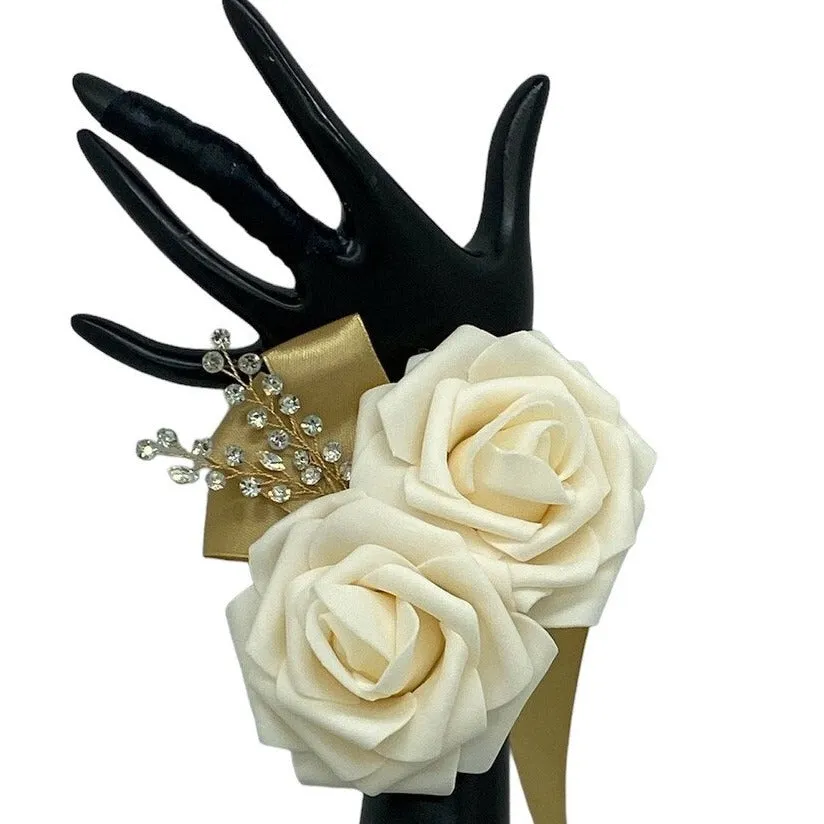 Ivory l Gold Round Bouquet l Waterfall bouquet l Real Touch Roses Brooch Bouquet BOU-036