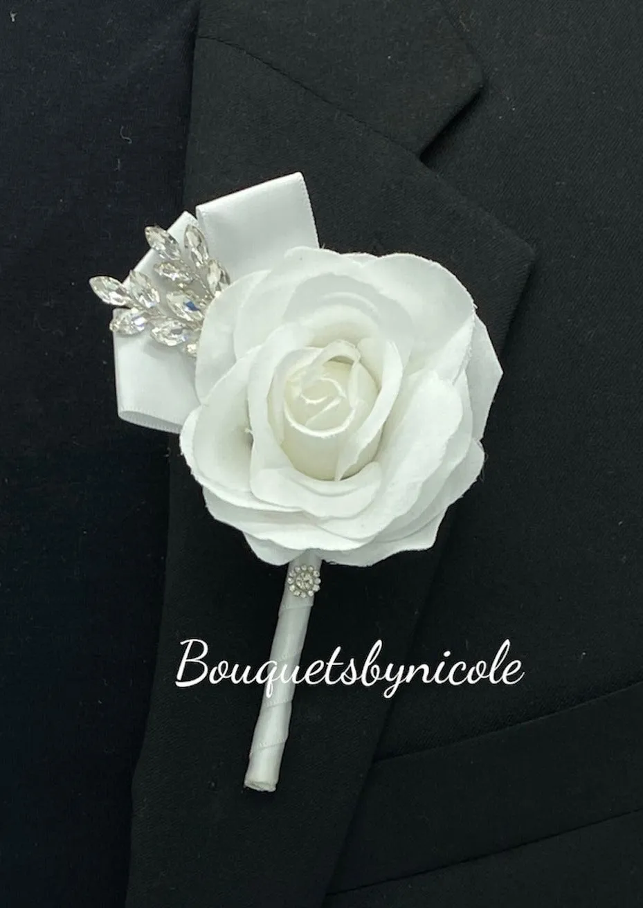 Ivory l Round Bouquet l Waterfall bouquet l Satin Roses Brooch Bouquet BOU-035