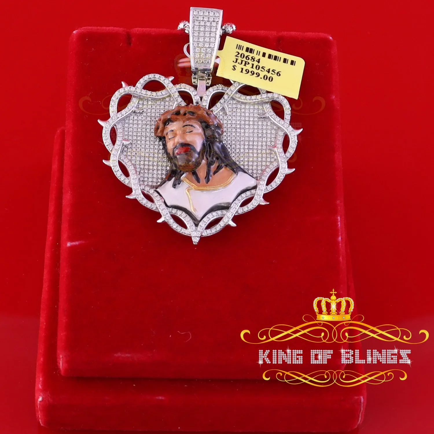 King Of Bling's 925 Sterling Silver Beautiful 2.00ct Moissanite White Heart Thorn Jesus Pendant