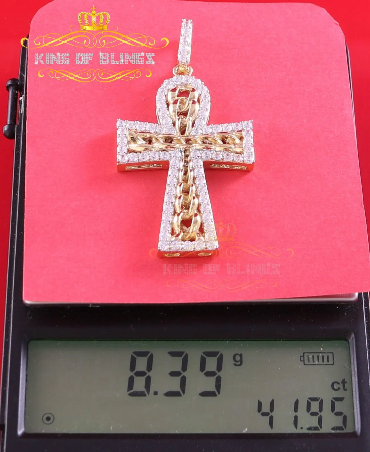 King of Bling's Yellow Sterling Silver Cross Pendant with 4.32ct Cubic Zirconia