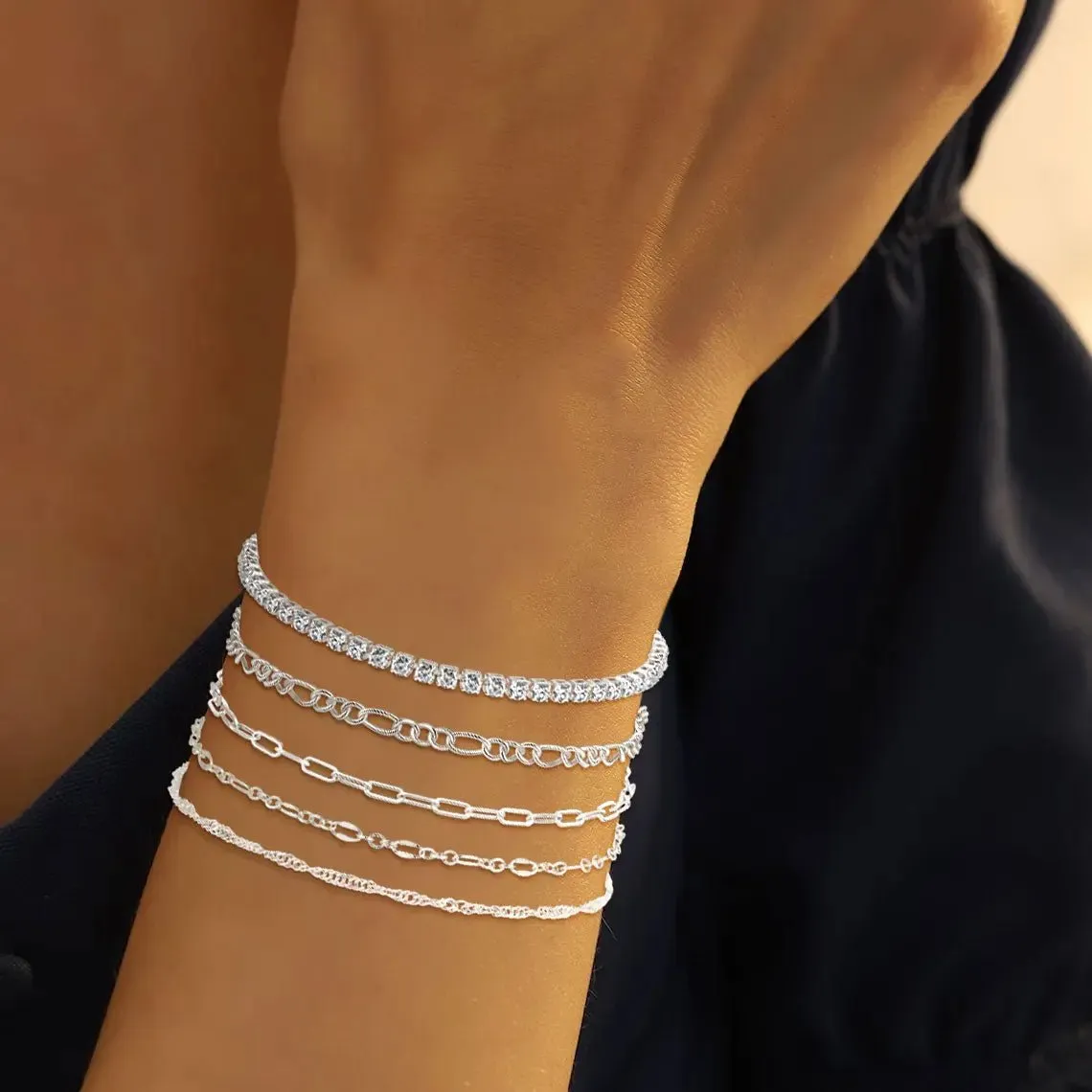 Kyerlyn 14K Silver Dainty Bracelet Stack