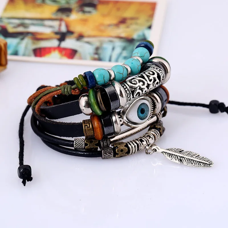 Layered Blue Eye Leather Bracelet