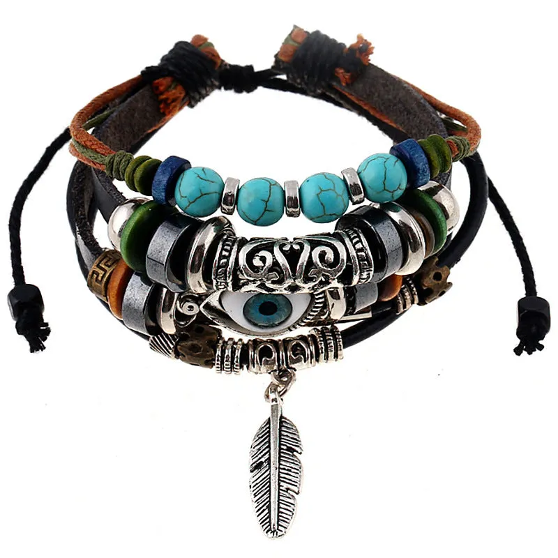 Layered Blue Eye Leather Bracelet