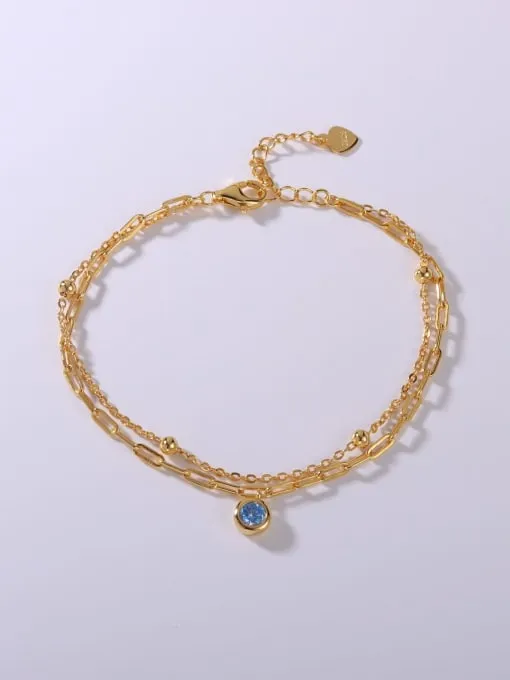 Layered Bracelet, 18k Gold Plated Blue Zircon Birthstone Paperclip Double Bracelet