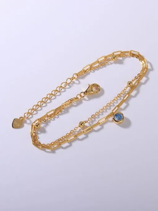 Layered Bracelet, 18k Gold Plated Blue Zircon Birthstone Paperclip Double Bracelet