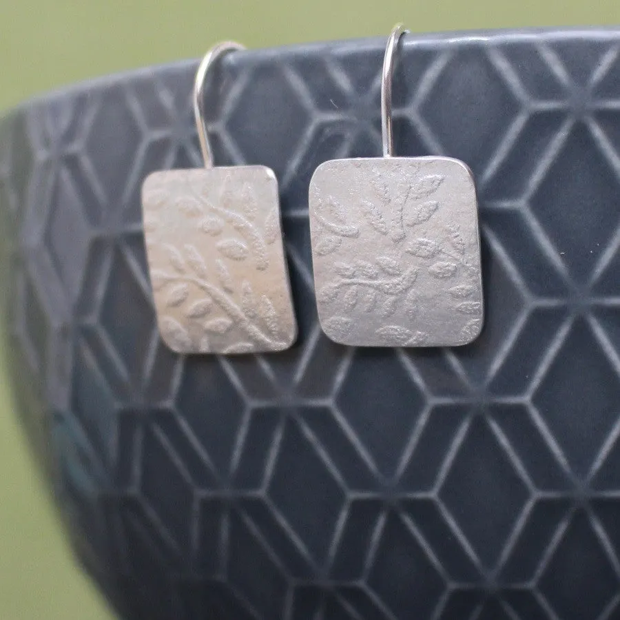 Leaf Tag Drop Silver Earrings