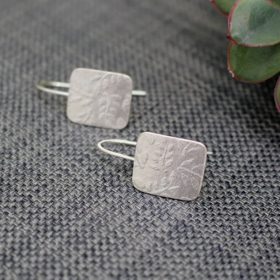 Leaf Tag Drop Silver Earrings