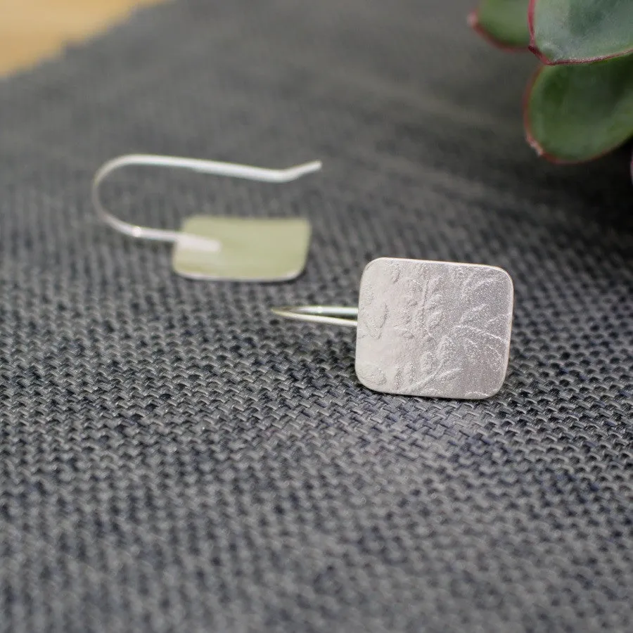 Leaf Tag Drop Silver Earrings