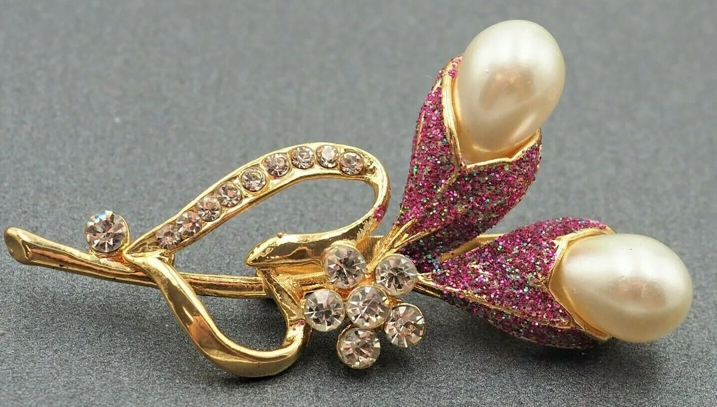 Lovely Faux Pearl Rhinestone Glitter Flower Fashion Brooch Collectable Jewellery