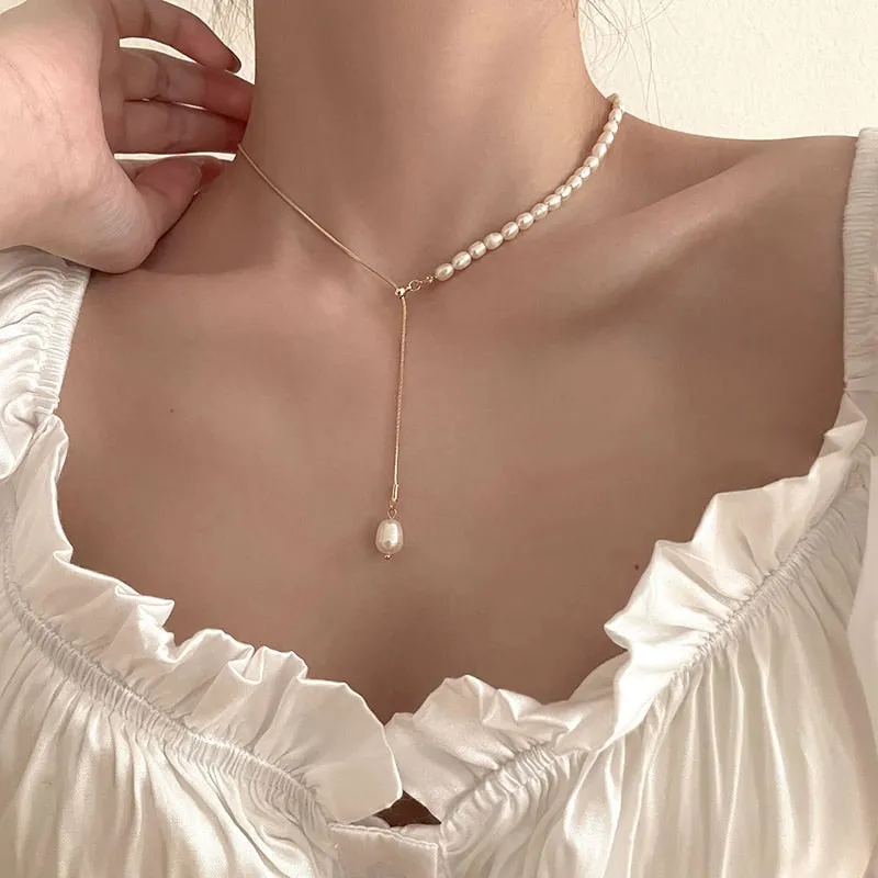 MENGJIQIAO 2021 Fashion Snake Chain Necklace For Women Girls Elegant Freshwater Pearl Pendent Necklace Jewelry Gifts