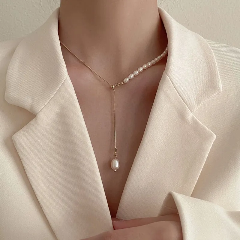 MENGJIQIAO 2021 Fashion Snake Chain Necklace For Women Girls Elegant Freshwater Pearl Pendent Necklace Jewelry Gifts