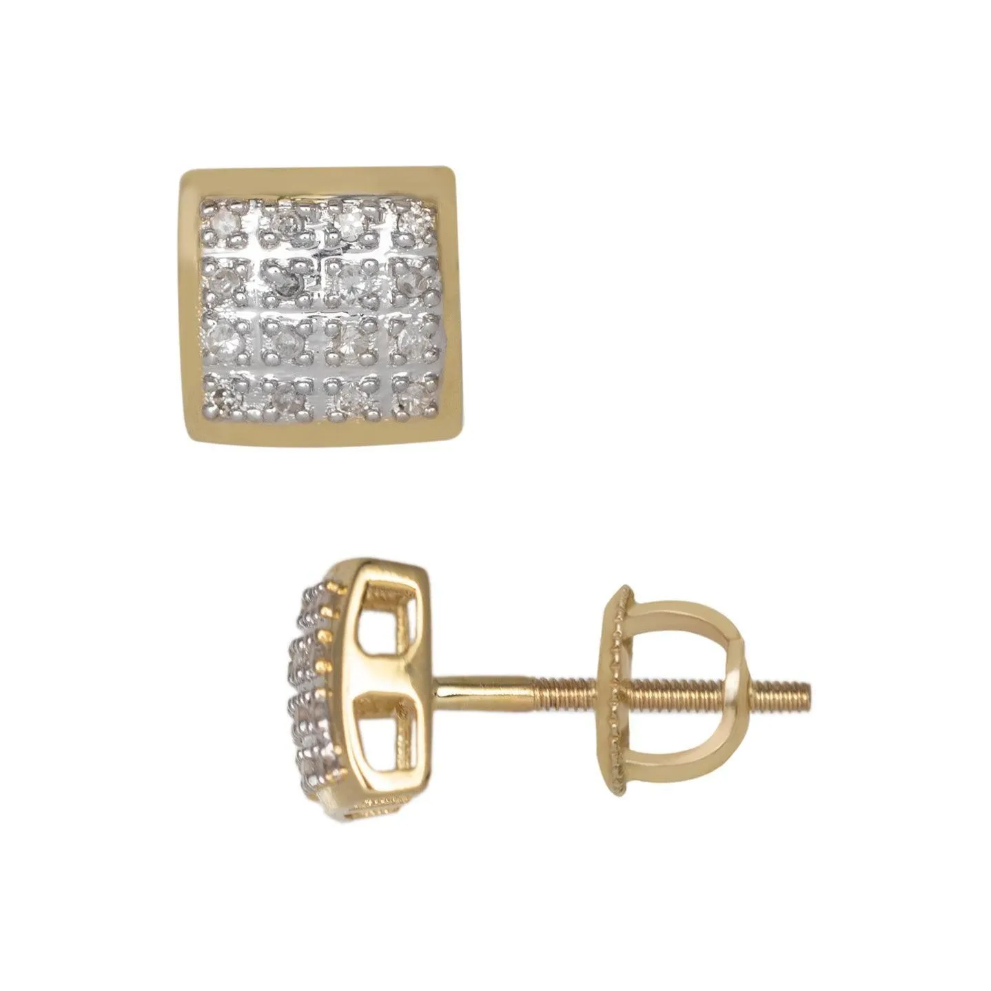 Men's Frame Cushion Micro-Pavé Square Diamond Stud Earrings 0.11ct 10K Yellow Gold