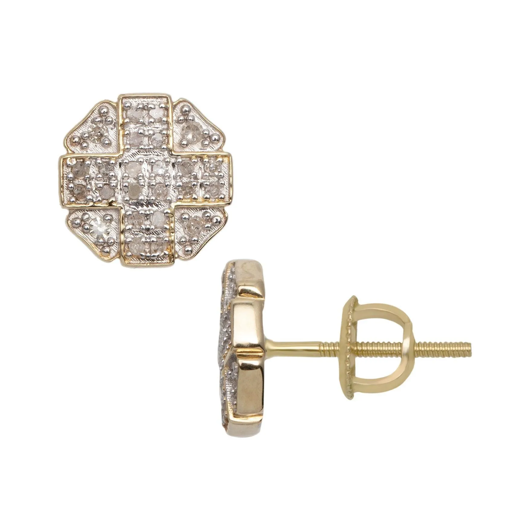 Men's Micro-Pavé Octagonal Design Diamond Stud Earrings 0.17ct 10K Yellow Gold