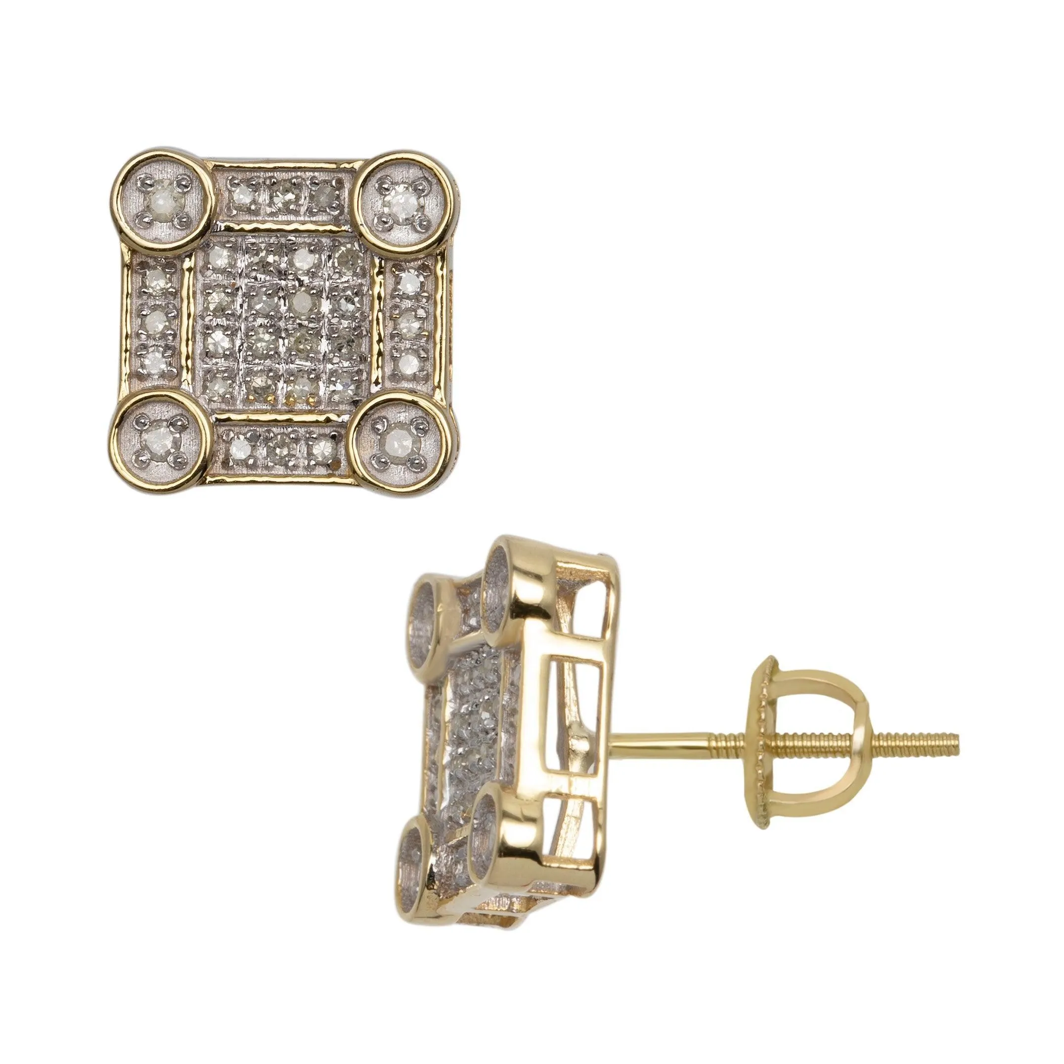 Men's Square Diamond Stud Earrings 0.32ct 10K Yellow Gold