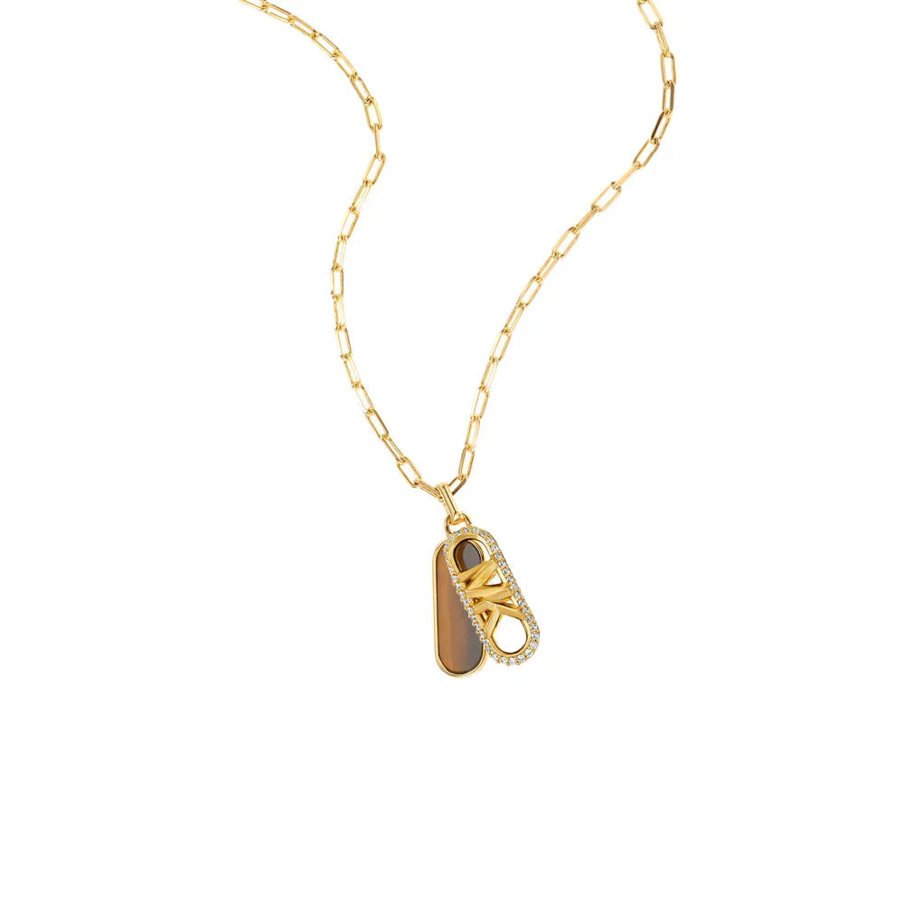 Michael Kors 14ct Yellow Gold Plated Brass Tiger's Eye Dog Tag Pendant with Chain