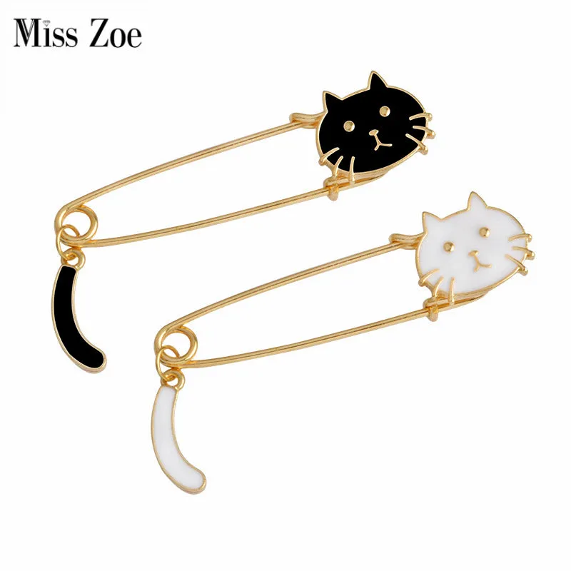 Miss Zoe Cute Cartoon Black White Cat Kitten Face Tail Metal Brooch Pins DIY Sweater Pin Badge Gift Jewelry for women girl kids