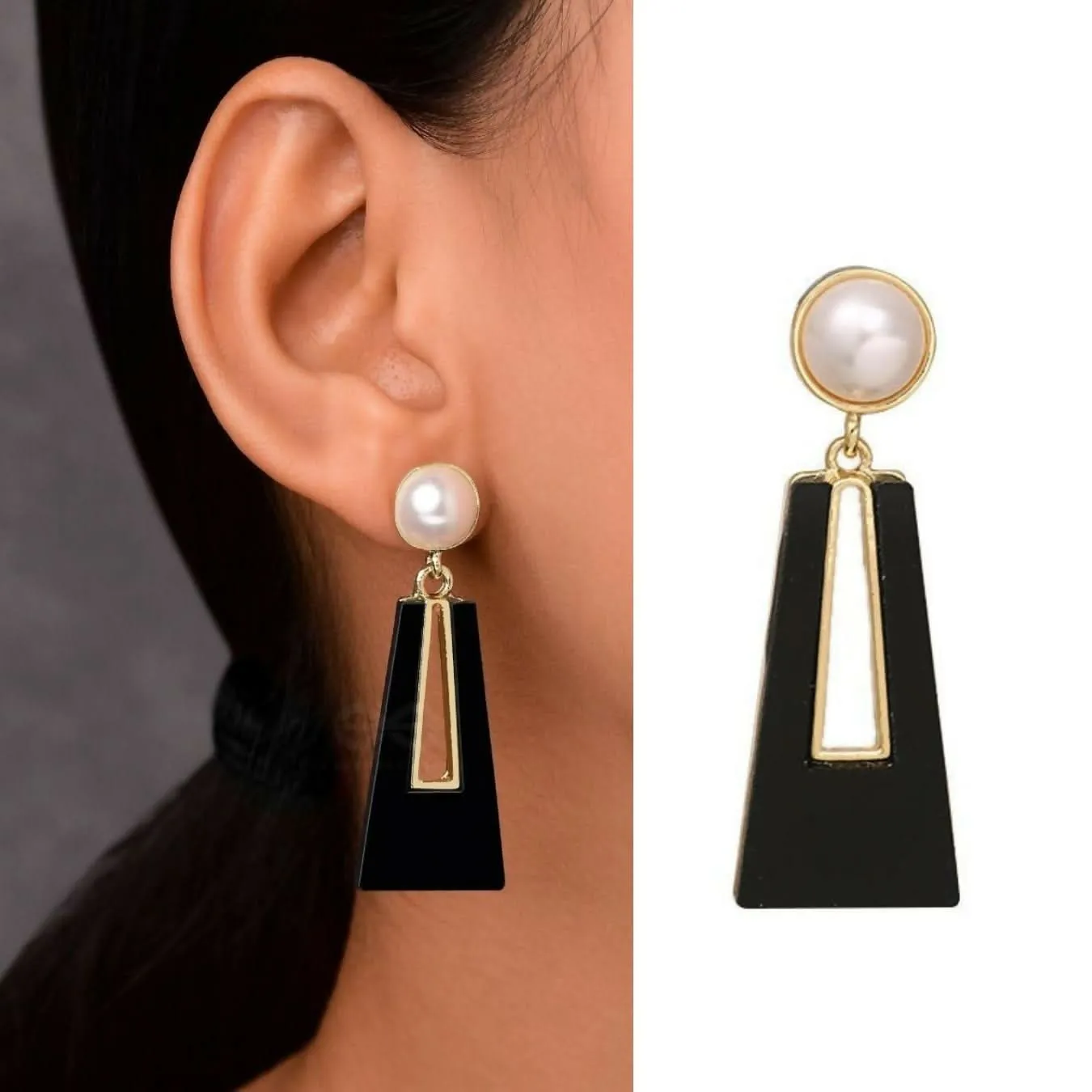 Modern Minimalism: Black and White Trapezoid Earrings Set of 2