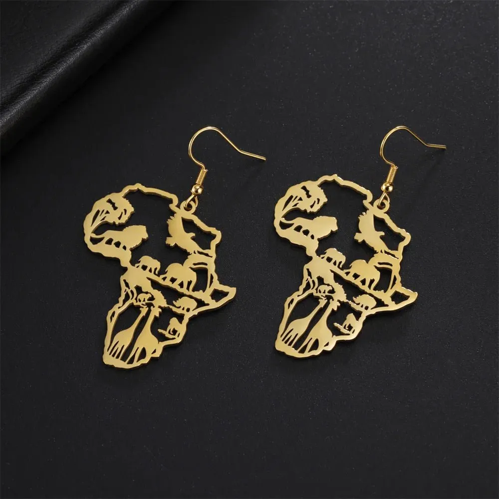 My Shape Africa Map Animal Earrings Women Lions Tree Stainless Steel African Jewelry