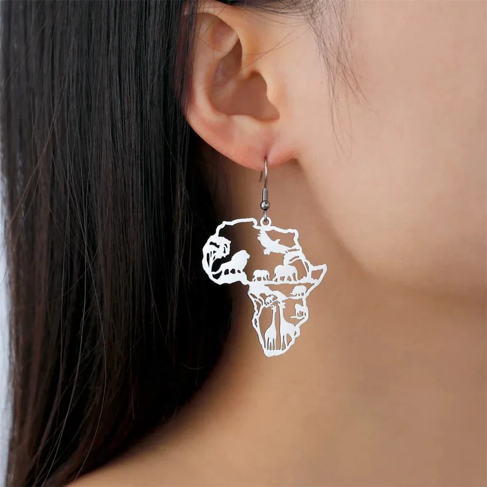 My Shape Africa Map Animal Earrings Women Lions Tree Stainless Steel African Jewelry