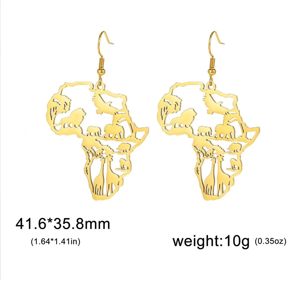 My Shape Africa Map Animal Earrings Women Lions Tree Stainless Steel African Jewelry