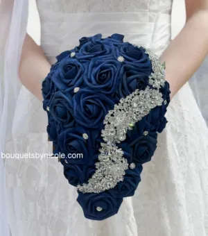 NAVY BLUE Cascade Bouquet l Waterfall bouquet l Real Touch Roses Brooch Bouquet CB-009