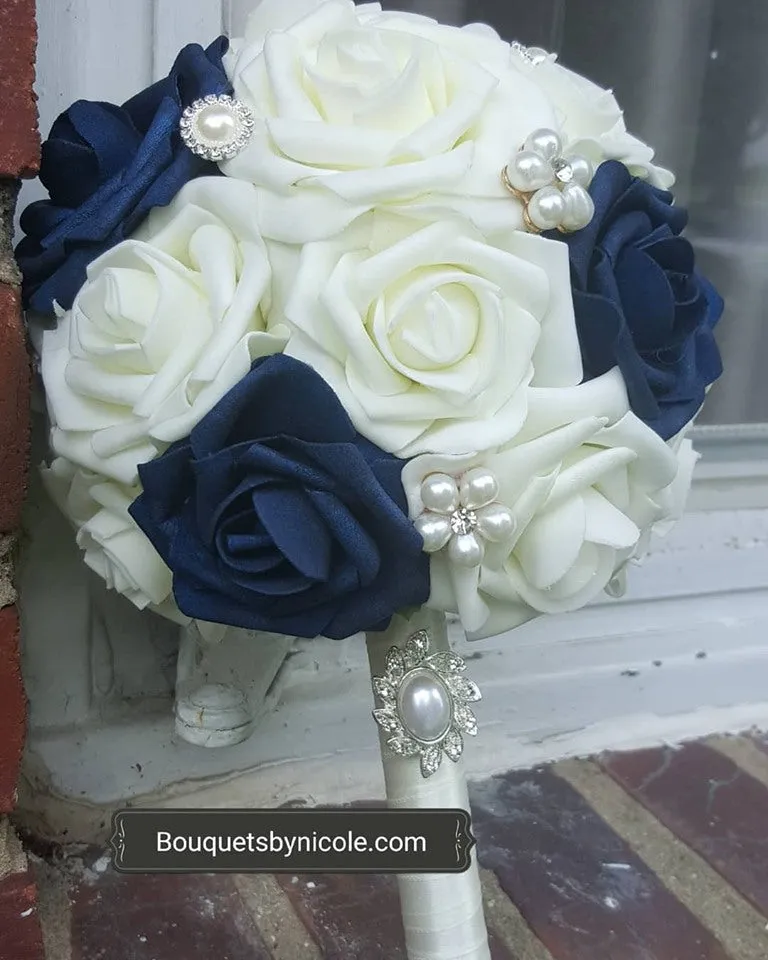 NAVY BLUE  Round Bouquet l  Real Touch Roses Bouquet~ BOU-009