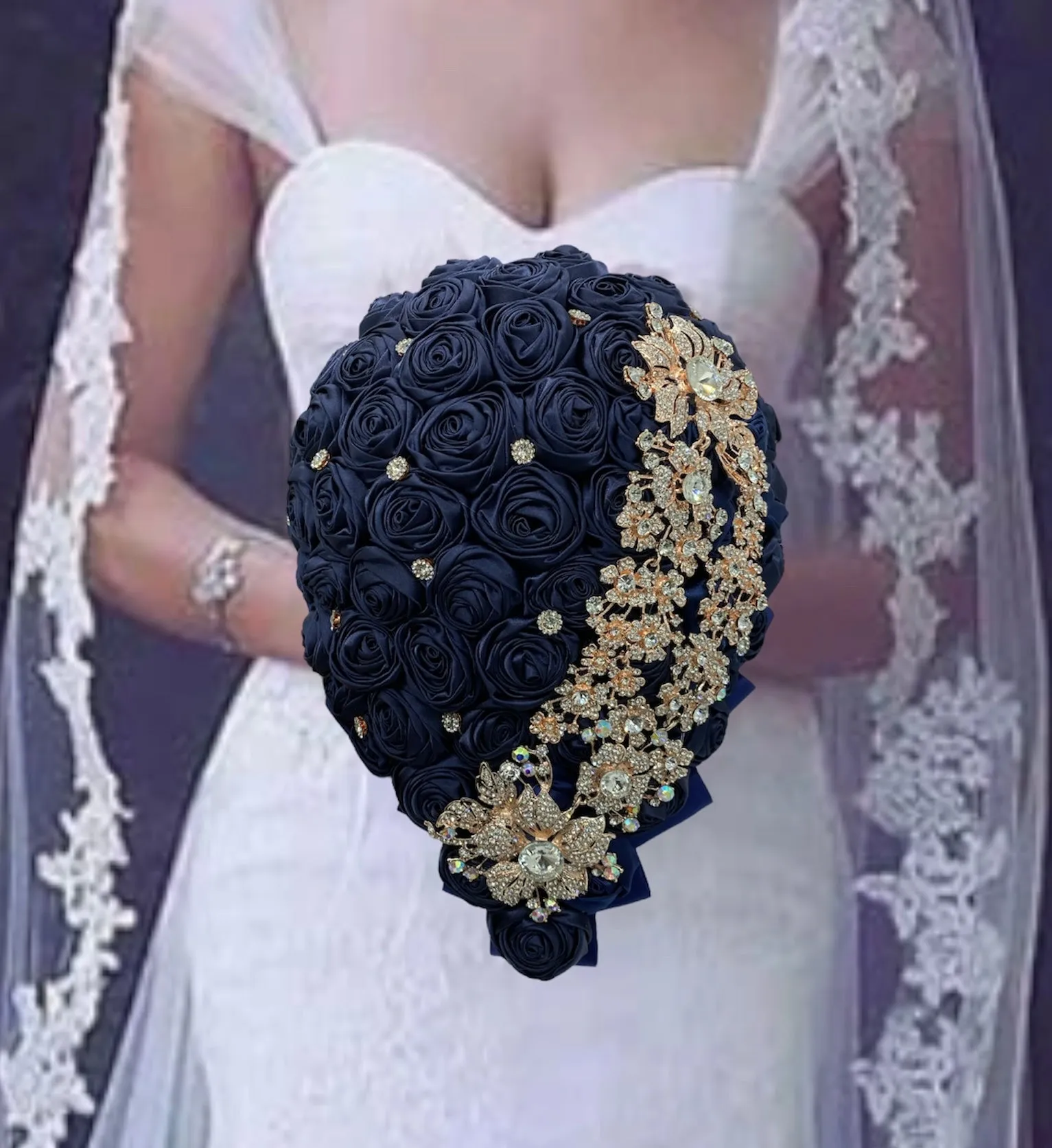 Navy Gold Cascade Bouquet l Waterfall bouquet l  Satin Roses Brooch Bouquet CB-008