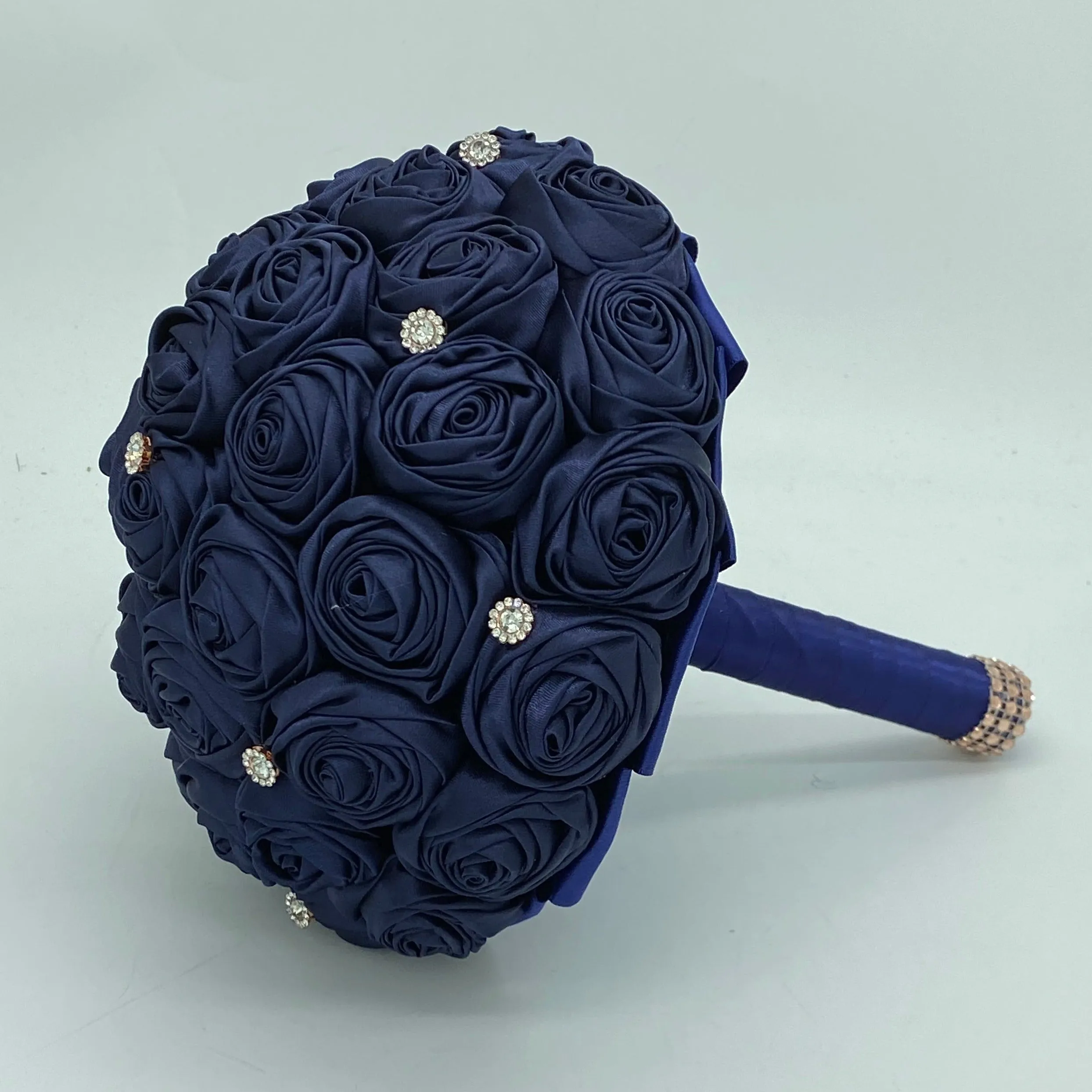 Navy Gold Cascade Bouquet l Waterfall bouquet l  Satin Roses Brooch Bouquet CB-008