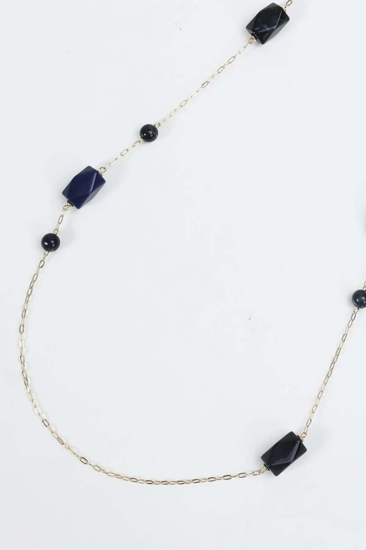 Navy Long Bead & Chain Necklace