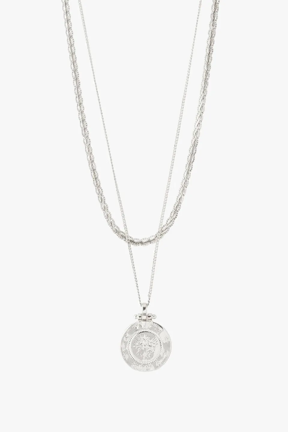 Nomad Double Chain Coin Pendant Necklace Silver