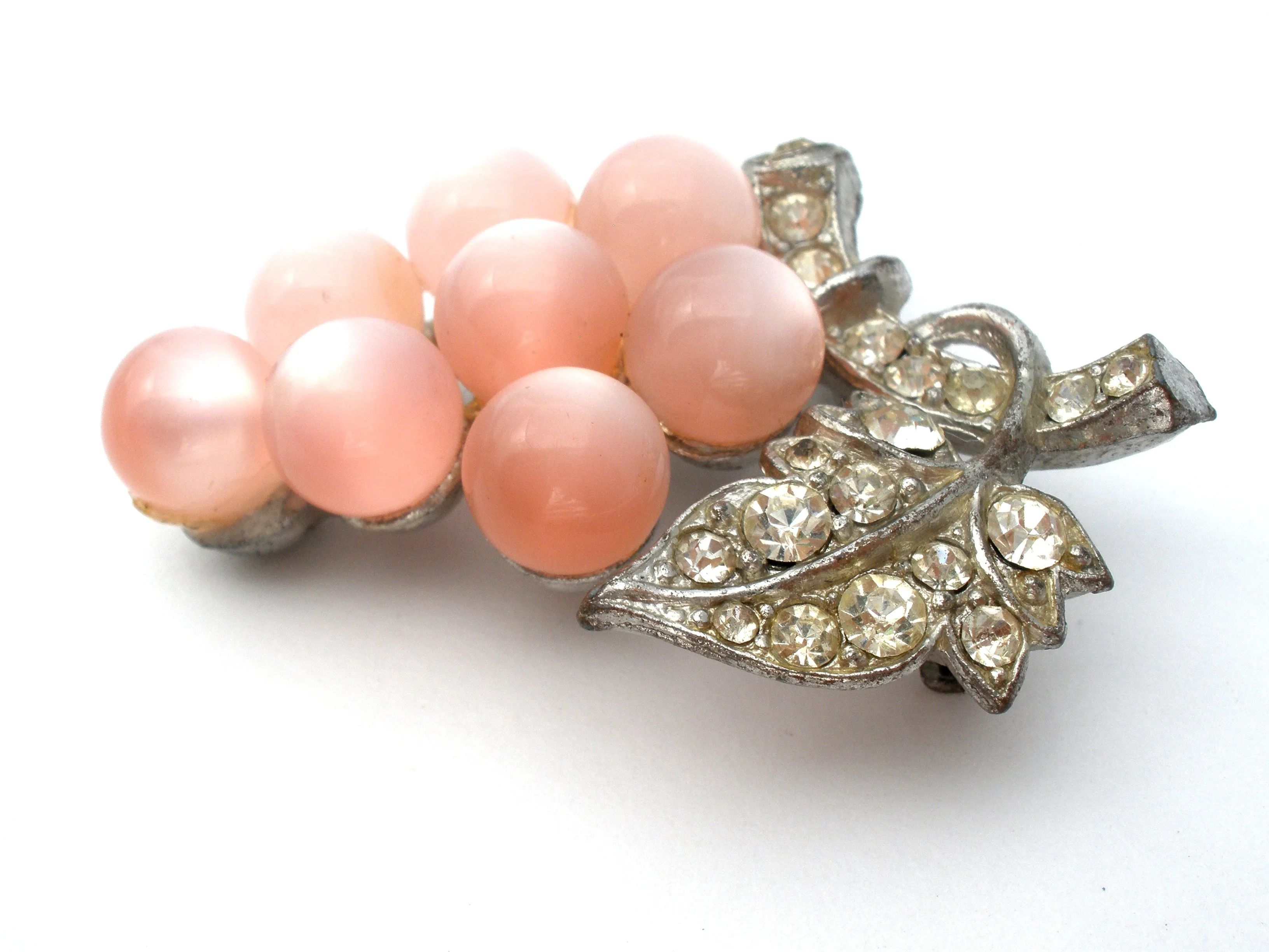 Pink Moonglow & Rhinestone Grape Brooch Pin Vintage