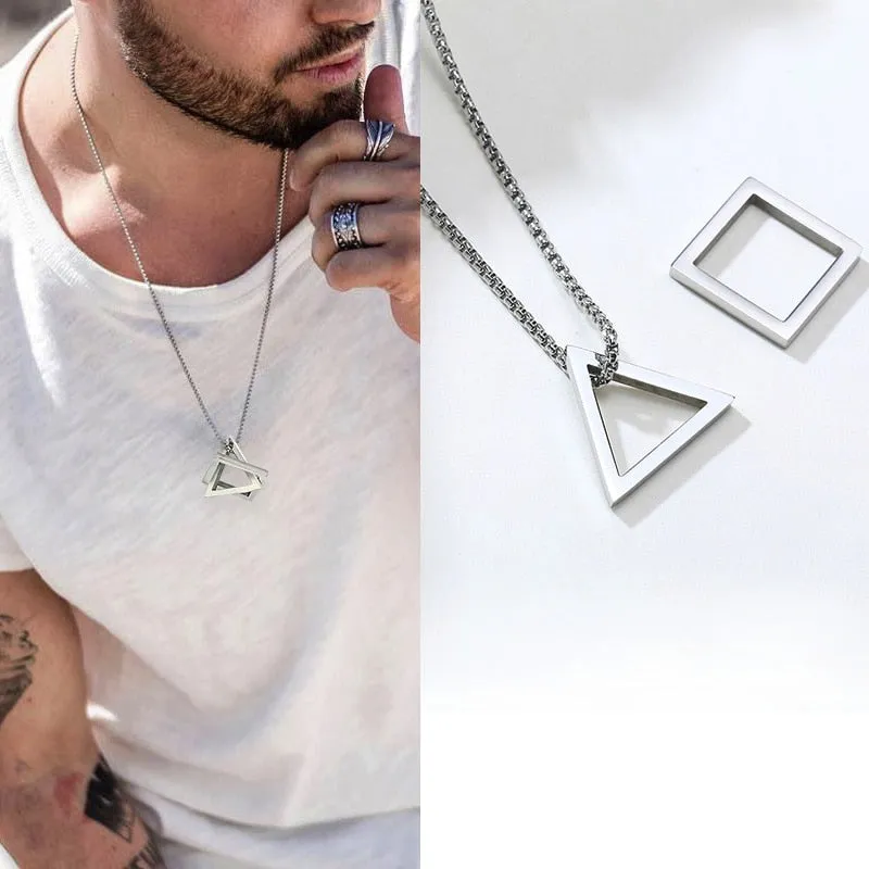 Popular Men Necklace,Interlocking Square Triangle Male Pendant,Stainless Steel Modern Trendy Geometric Necklaces,Hipster Jewelry