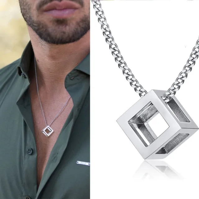 Popular Men Necklace,Interlocking Square Triangle Male Pendant,Stainless Steel Modern Trendy Geometric Necklaces,Hipster Jewelry