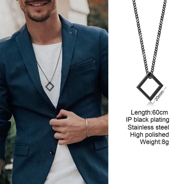 Popular Men Necklace,Interlocking Square Triangle Male Pendant,Stainless Steel Modern Trendy Geometric Necklaces,Hipster Jewelry